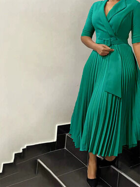 Plus Size African Dress Notch Lapel Pleated Waist Fall Winter